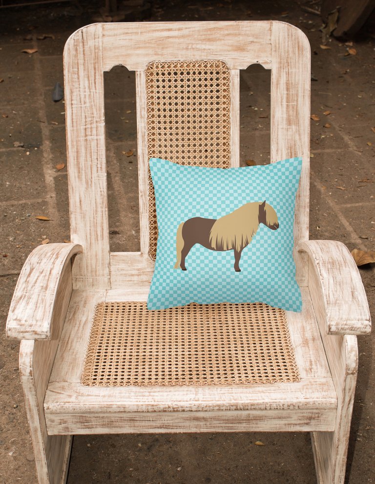 14 in x 14 in Outdoor Throw PillowShetland Pony Horse Blue Check Fabric Decorative Pillow