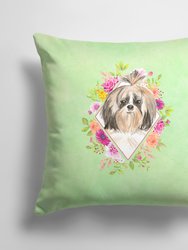 14 in x 14 in Outdoor Throw PillowShih Tzu Green Flowers Fabric Decorative Pillow