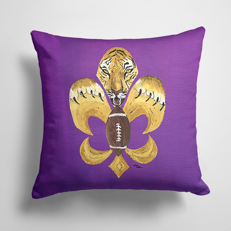 14 in x 14 in Outdoor Throw PillowTiger Football Fleur de lis Fabric Decorative Pillow