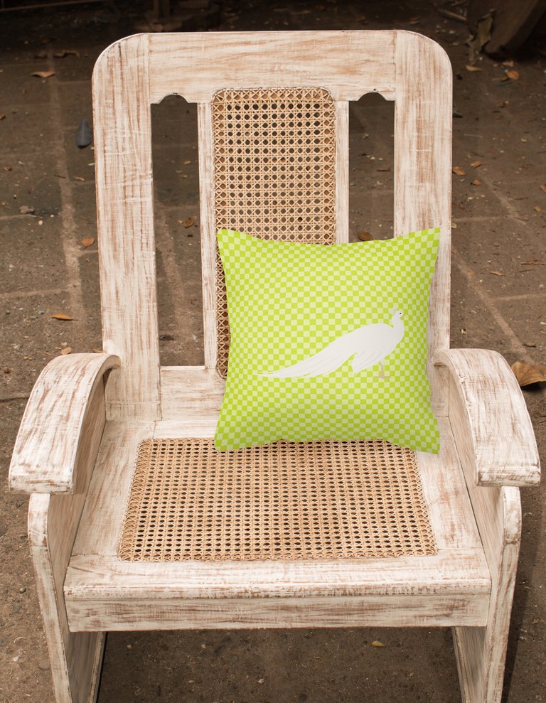 14 in x 14 in Outdoor Throw PillowWhite Peacock Peafowl Green Fabric Decorative Pillow