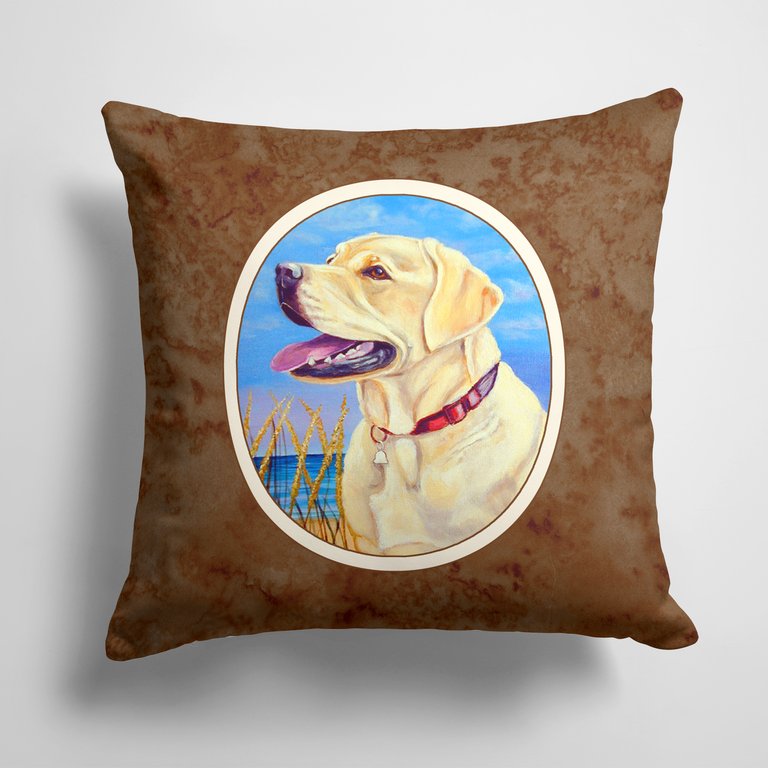 14 in x 14 in Outdoor Throw PillowYellow Labrador at the Beach  Fabric Decorative Pillow