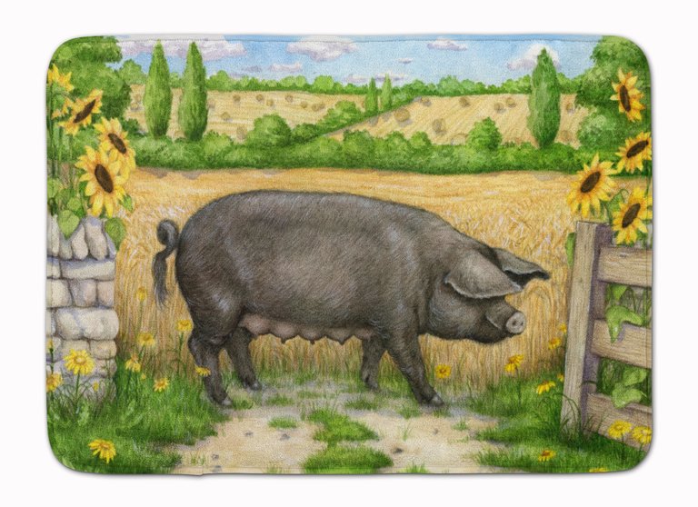 19 in x 27 in Black Pig with Sunflowers Machine Washable Memory Foam Mat