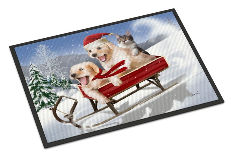 24 in x 36 in Dogs and Kitten in Sled Need for Speed Door Mat Indoor/Outdoor