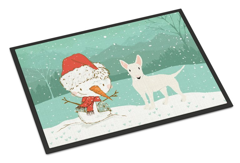 24 in x 36 in White Bull Terrier Snowman Christmas Door Mat Indoor/Outdoor