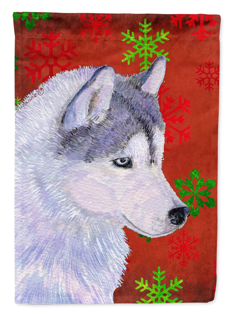 28 x 40 in. Polyester Siberian Husky Red Green Snowflake Holiday Christmas Flag Canvas House Size 2-Sided Heavyweight