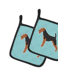 Airedale Terrier Checkerboard Blue Pair of Pot Holders