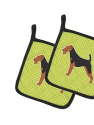 Airedale Terrier Checkerboard Green Pair of Pot Holders