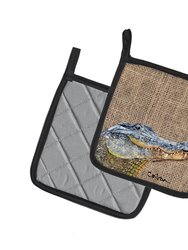 Alligator  on Faux Burlap Pair of Pot Holders