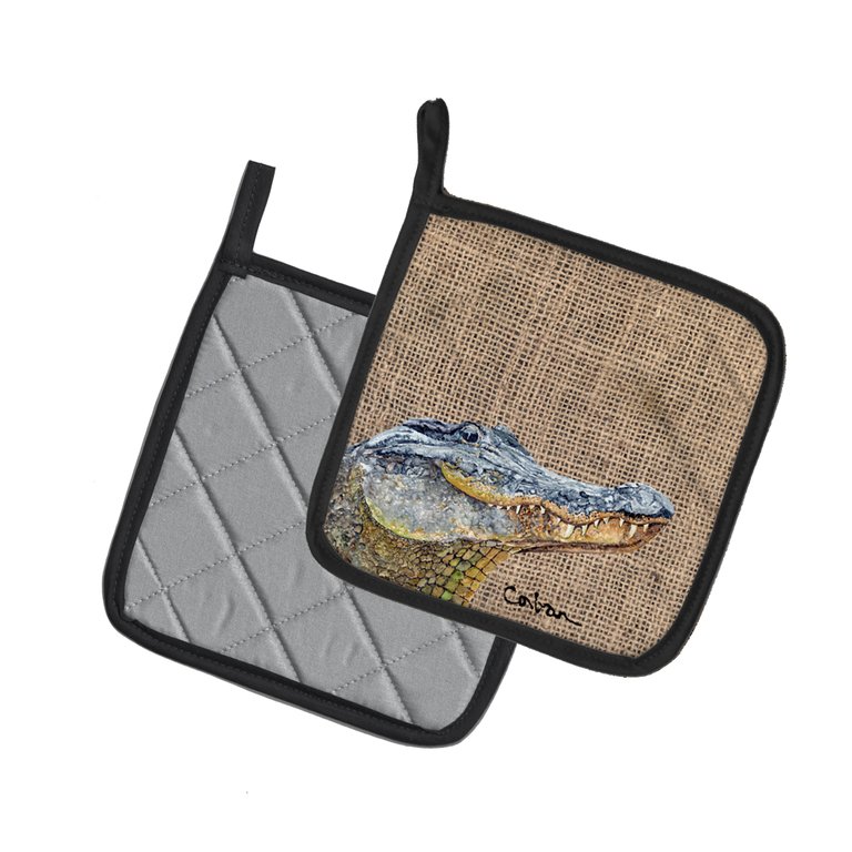 Alligator  on Faux Burlap Pair of Pot Holders