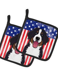 American Flag and Bernese Mountain Dog Pair of Pot Holders