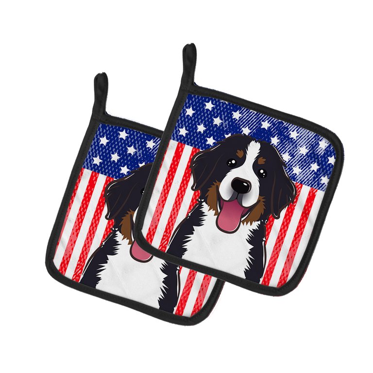 American Flag and Bernese Mountain Dog Pair of Pot Holders