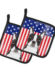 American Flag and Boston Terrier Pair of Pot Holders