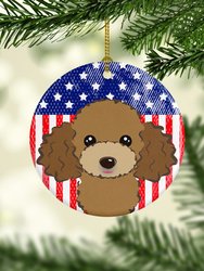American Flag and Chocolate Brown Poodle Ceramic Ornament