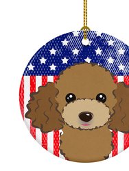 American Flag and Chocolate Brown Poodle Ceramic Ornament