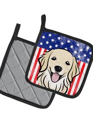 American Flag and Golden Retriever Pair of Pot Holders