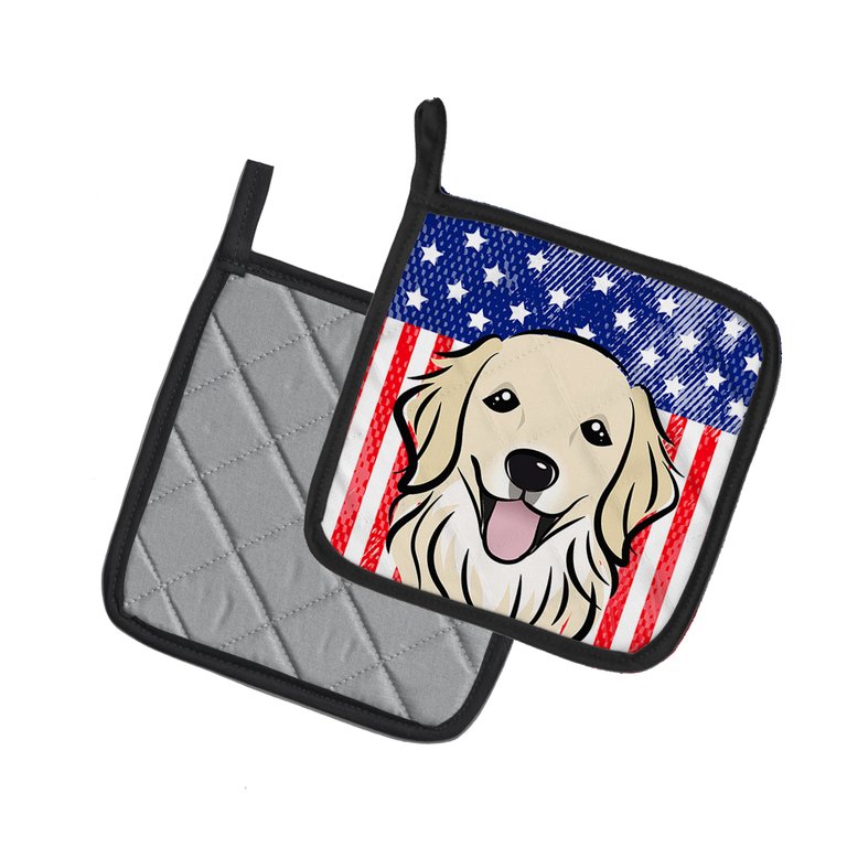 American Flag and Golden Retriever Pair of Pot Holders