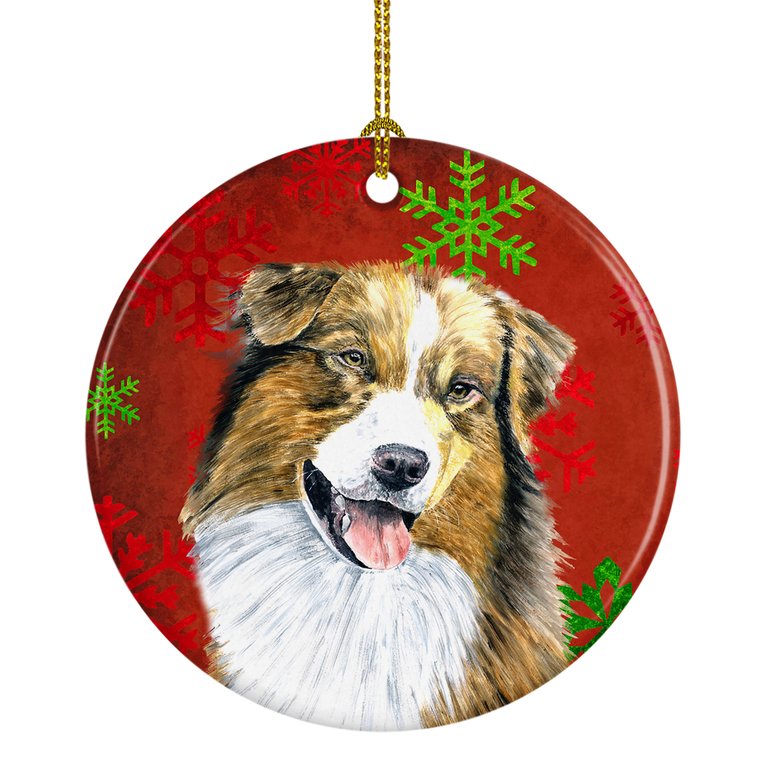 Australian Shepherd Red Green Snowflakes Christmas Ceramic Ornament