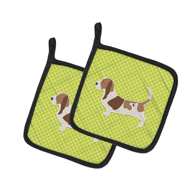 Basset Hound Checkerboard Green Pair of Pot Holders