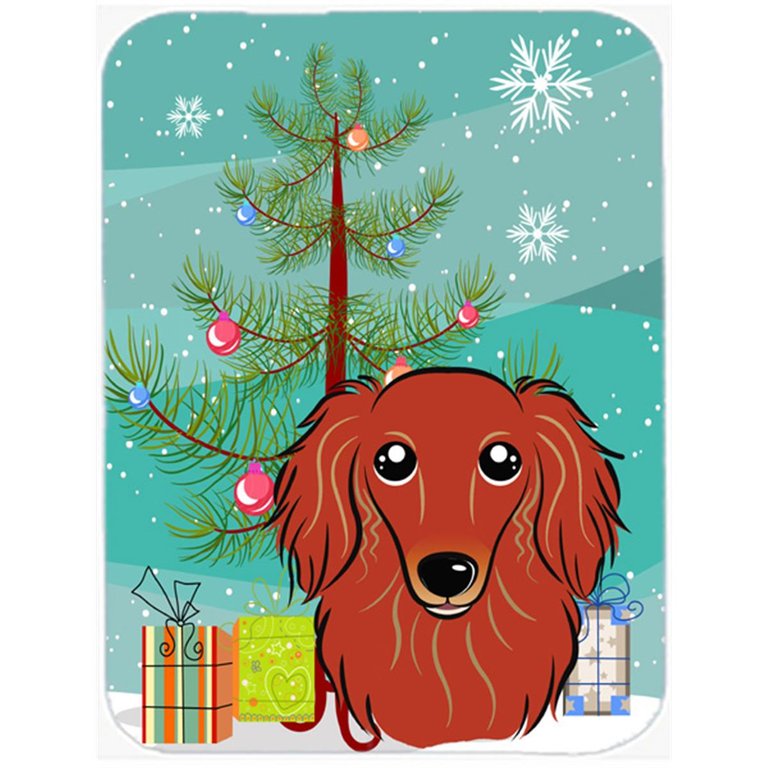 BB1586LCB Christmas Tree And Longhair Red Dachshund Glass Cutting Board - Large