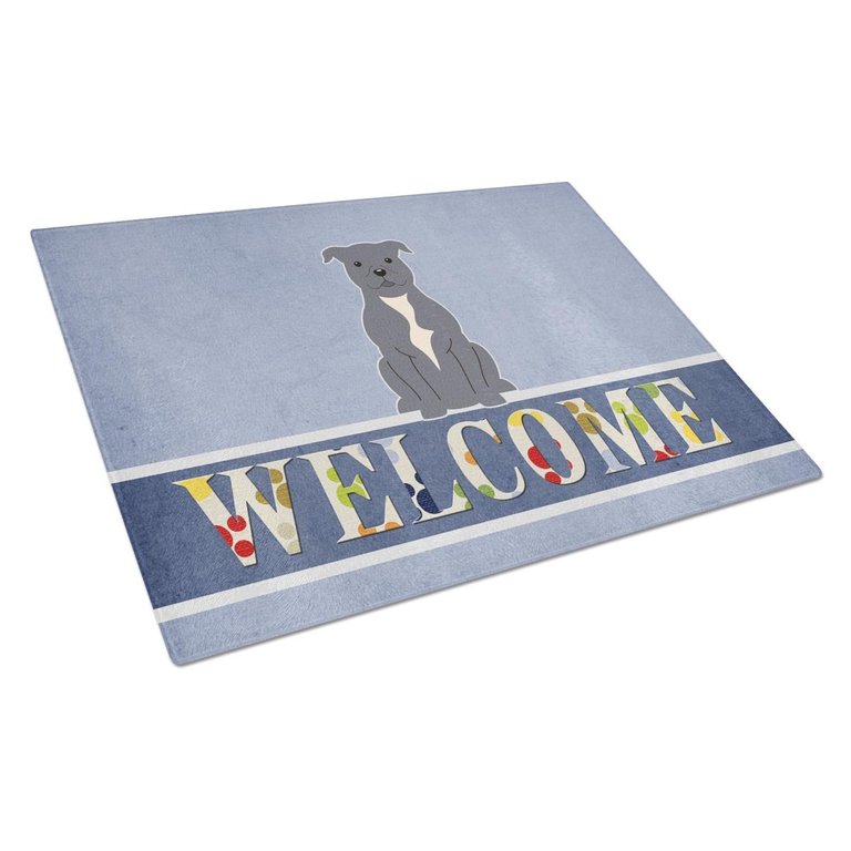 BB5627LCB Staffordshire Bull Terrier Blue Welcome Glass Cutting Board - Large