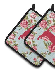 Beagle Shabby Chic Blue Roses BB1087 Pair of Pot Holders