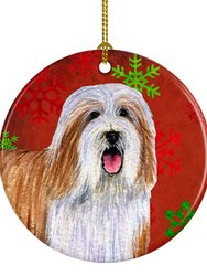 Bearded Collie Red and Green Snowflakes Holiday Christmas Ceramic Ornament