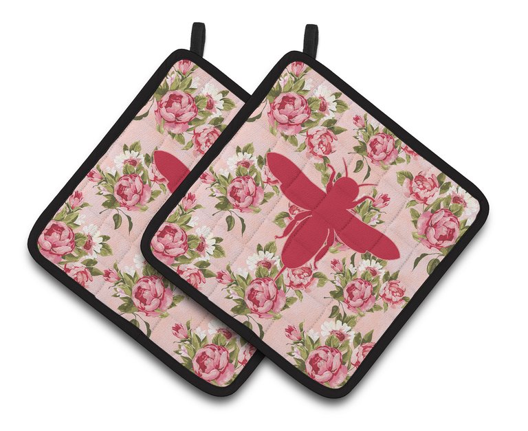 Bee Shabby Chic Pink Roses  Pair of Pot Holders