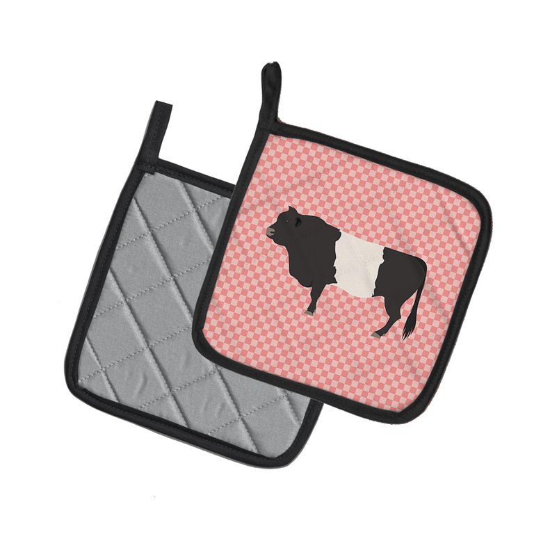 Belted Galloway Cow Pink Check Pair of Pot Holders