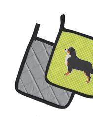 Bernese Mountain Dog Checkerboard Green Pair of Pot Holders