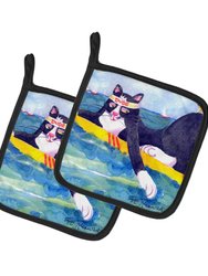 Black and white Cat Surfin Bird Pair of Pot Holders