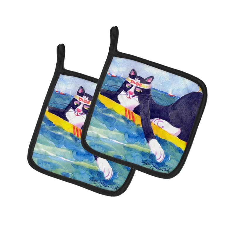 Black and white Cat Surfin Bird Pair of Pot Holders