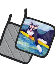 Black and white Cat Surfin Bird Pair of Pot Holders