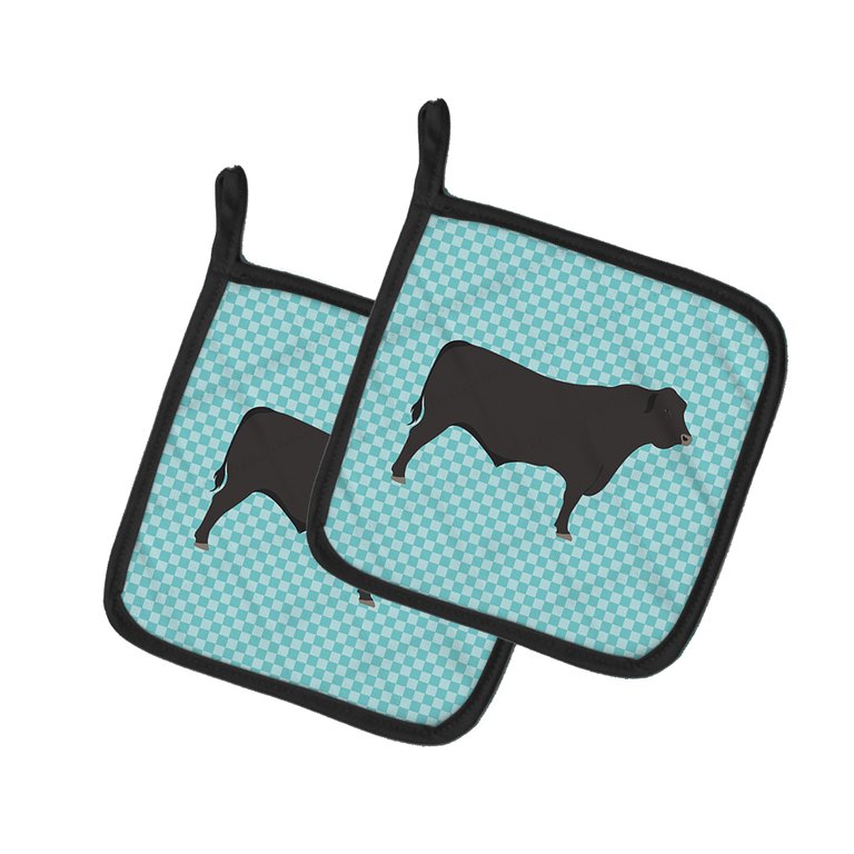 Black Angus Cow Blue Check Pair of Pot Holders