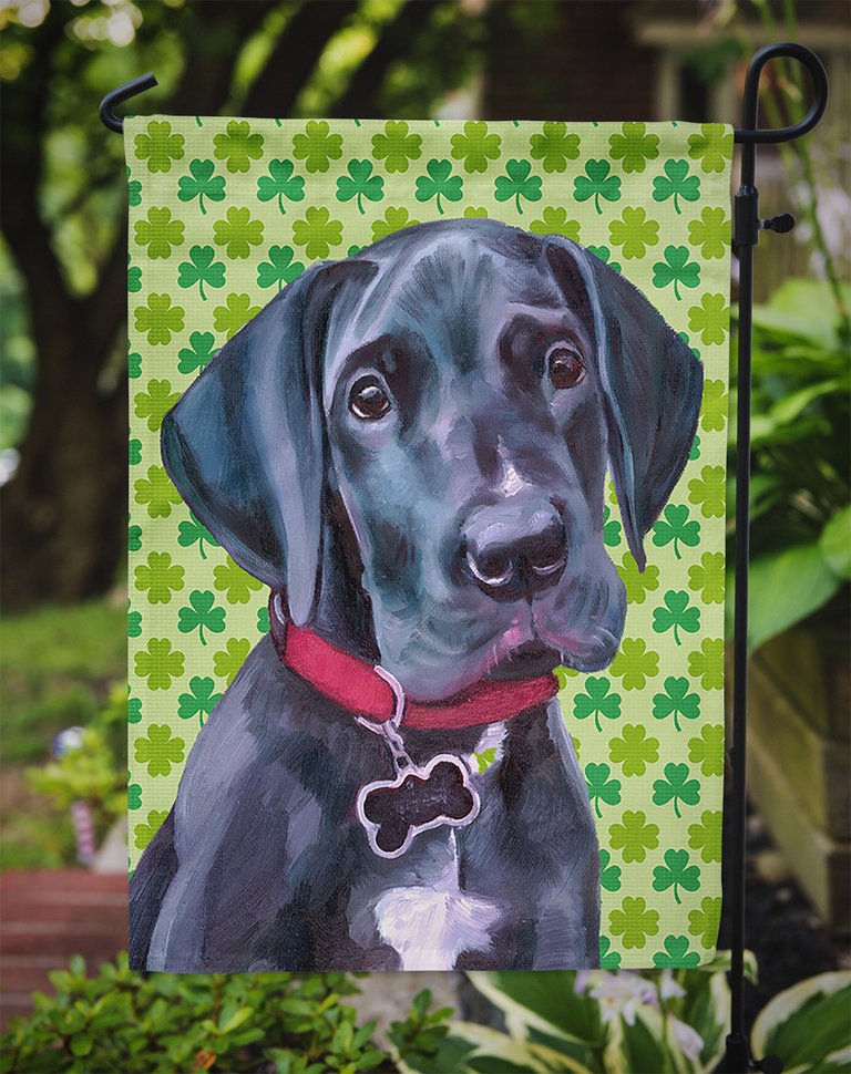 Black Great Dane Puppy St. Patrick's Day Shamrock Garden Flag 2-Sided 2-Ply