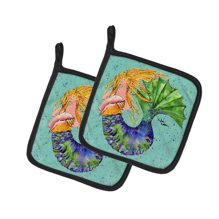 Blonde Mermaid on Teal Pair of Pot Holders