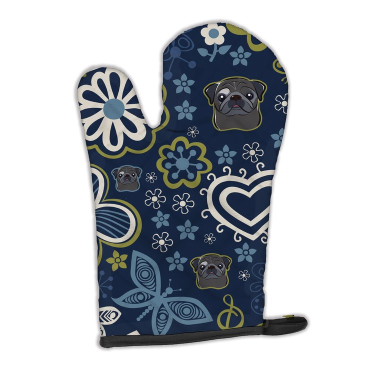 Blue Flowers Black Pug Oven Mitt