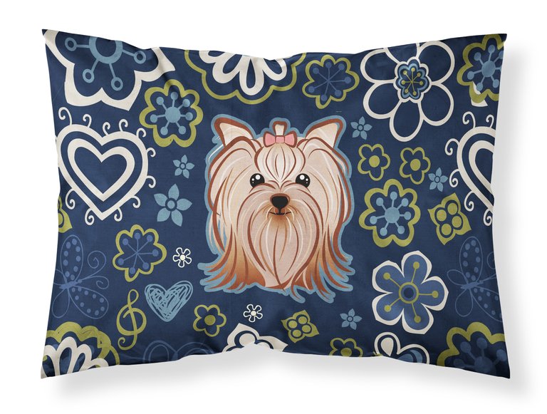 Blue Flowers Yorkie Yorkishire Terrier Fabric Standard Pillowcase