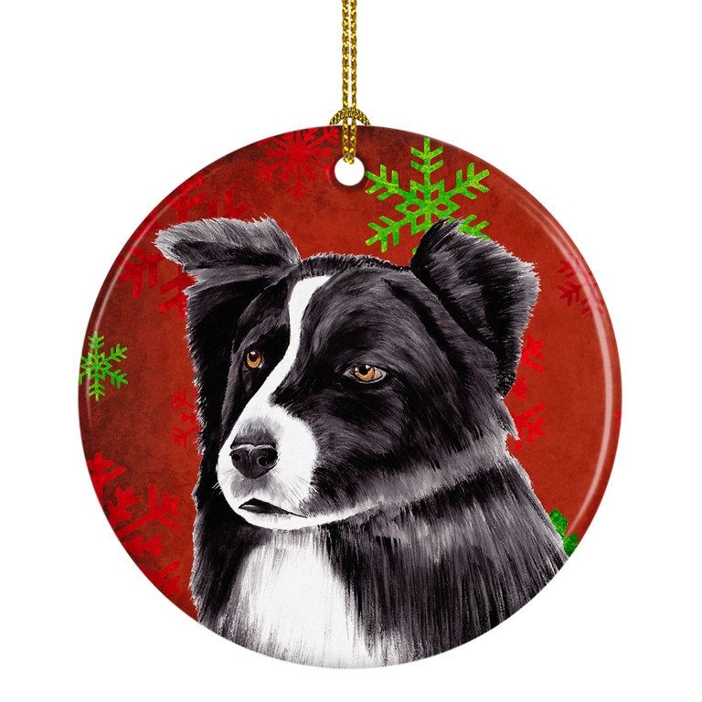Border Collie Red and Green Snowflakes Holiday Christmas Ceramic Ornament