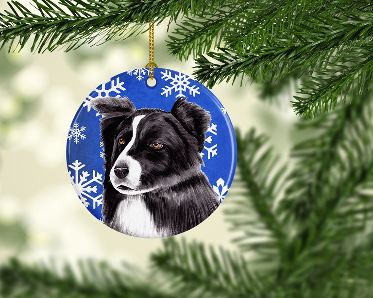 Border Collie Winter Snowflakes Holiday Ceramic Ornament