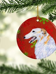 Borzoi Red and Green Snowflakes Holiday Christmas Ceramic Ornament
