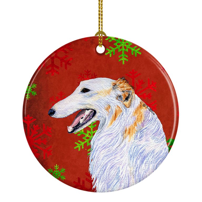 Borzoi Red and Green Snowflakes Holiday Christmas Ceramic Ornament