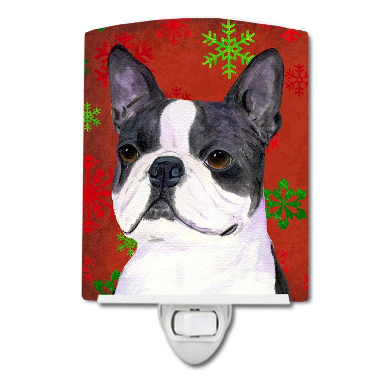 Boston Terrier Red Green Snowflakes Christmas Ceramic Night Light