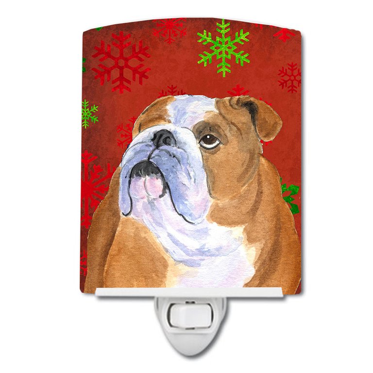 Bulldog English Red and Green Snowflakes Holiday Christmas Ceramic Night Light