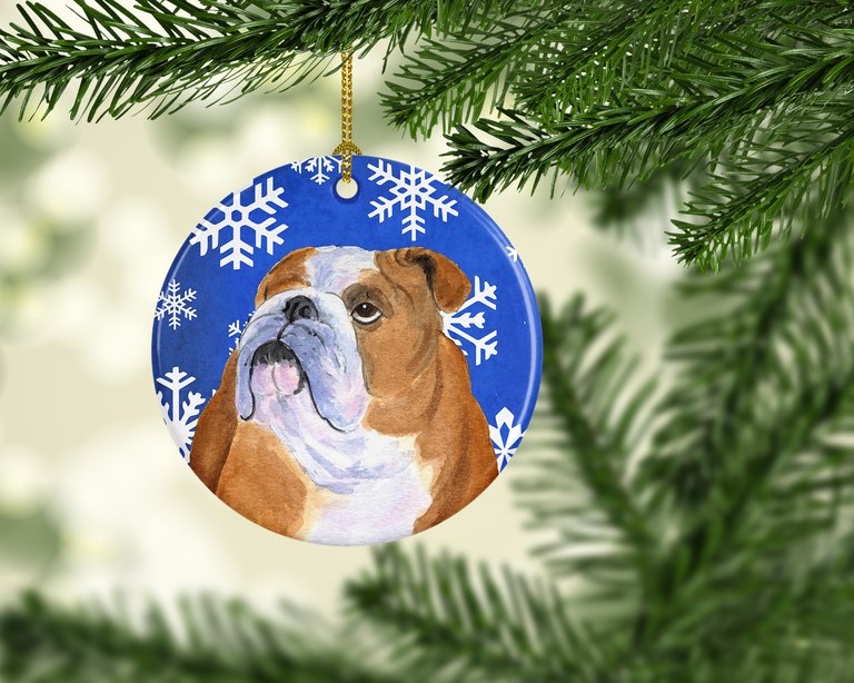 Bulldog English Winter Snowflakes Holiday Ceramic Ornament