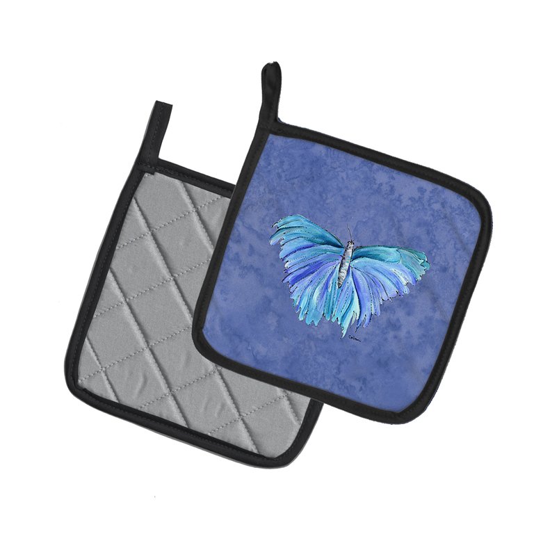Butterfly on Slate Blue Pair of Pot Holders