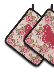 Butterfly Shabby Chic Pink Roses  Pair of Pot Holders