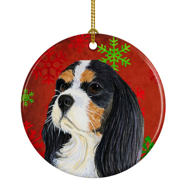 Cavalier Spaniel Red and Green Snowflakes Holiday Christmas Ceramic Ornament