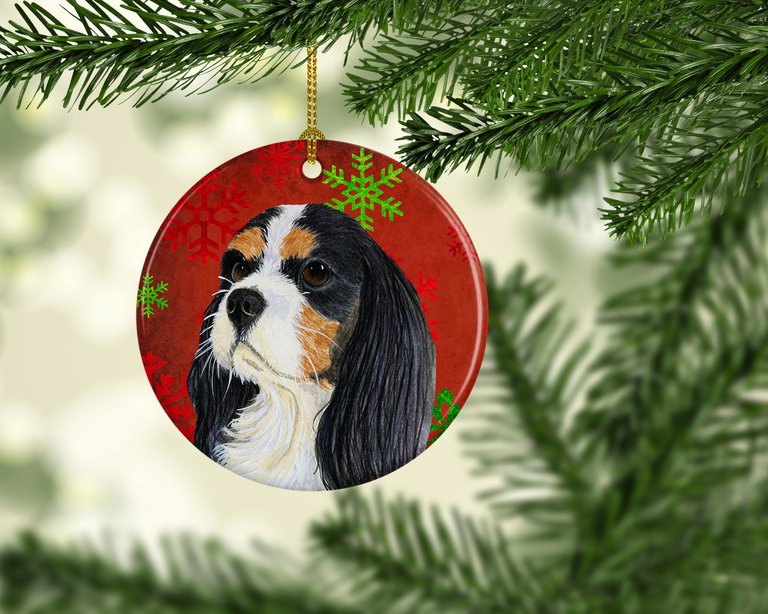 Cavalier Spaniel Red and Green Snowflakes Holiday Christmas Ceramic Ornament
