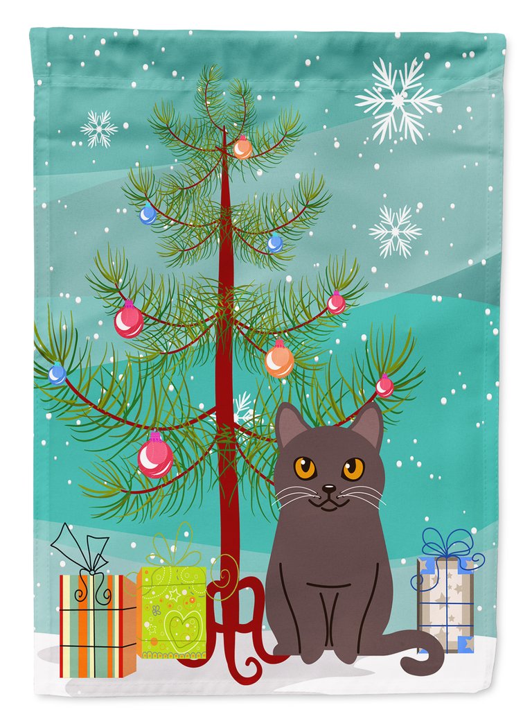 Chartreux Cat Merry Christmas Tree Garden Flag 2-Sided 2-Ply