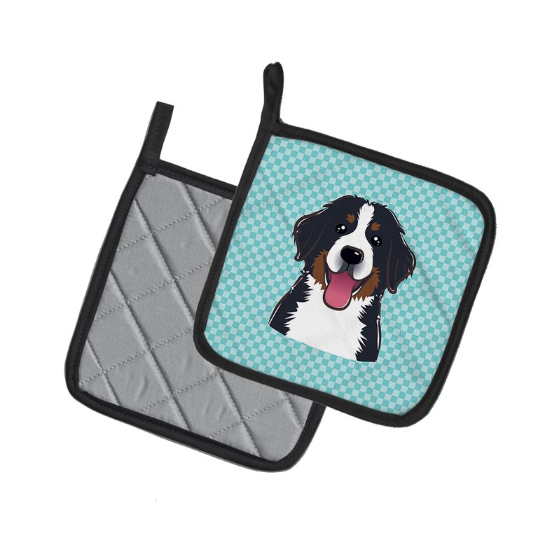 Checkerboard Blue Bernese Mountain Dog Pair of Pot Holders